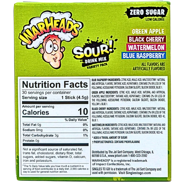 Image for Snacks Warheads Zero Sugar Singles To Go Variety Pack 30 Box of 6