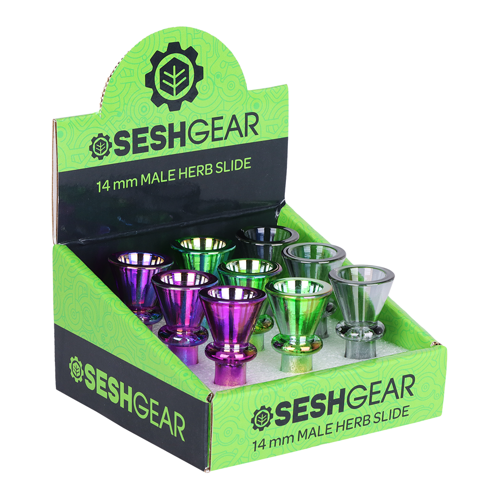 Glass Bowl SeshGear Chromatic Funnel Bowl with Maria Handle Display 14mm M Assorted Colors Box of 9