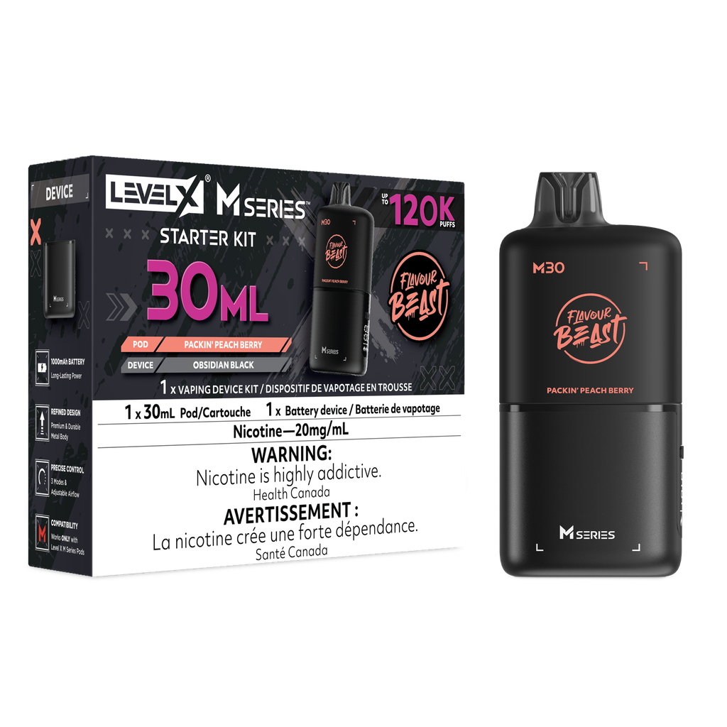 Image for *MB* Nicotine Pod Flavour Beast Level X M Series Starter Kit (Pod + Battery) 30ml 120K Packin' Peach Berry Box of 4