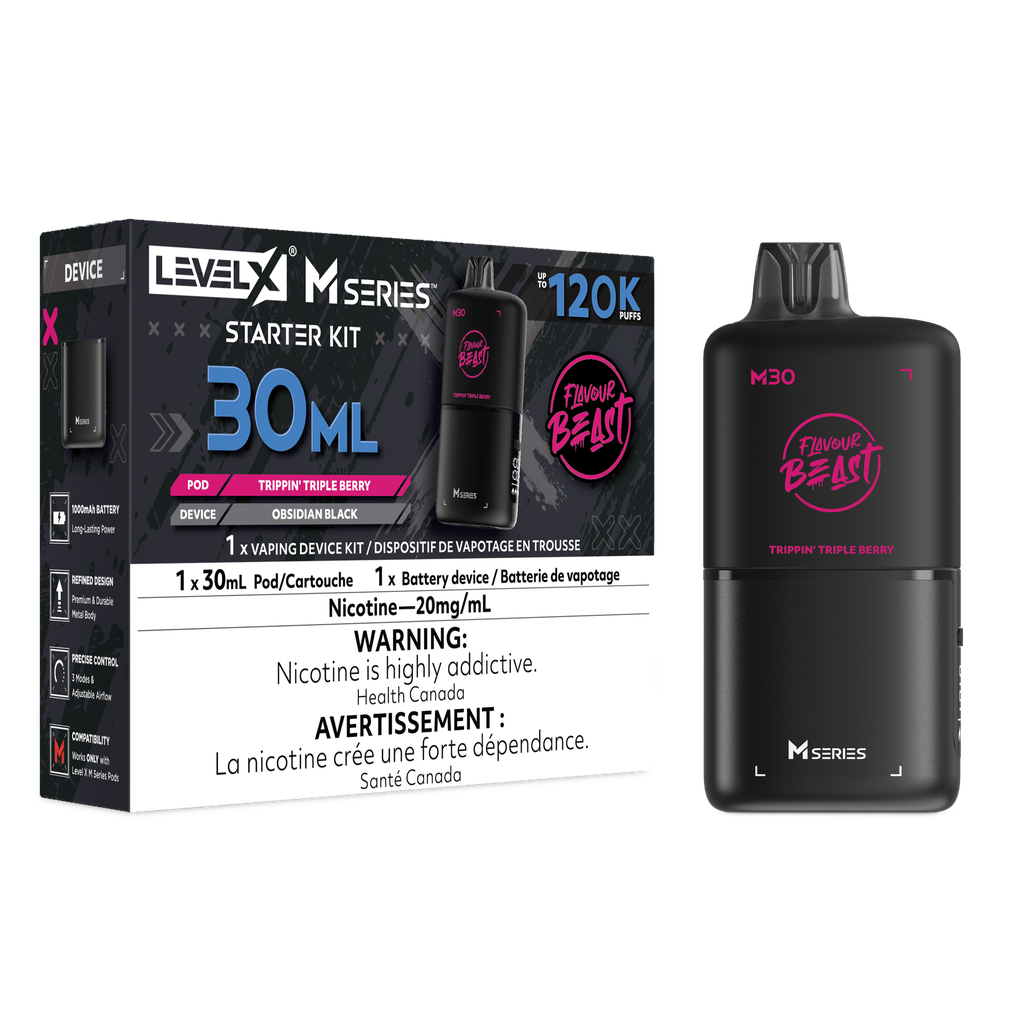 Image for *MB* Nicotine Pod Flavour Beast Level X M Series Starter Kit (Pod + Battery) 30ml 120K Trippin' Triple Berry Box of 4
