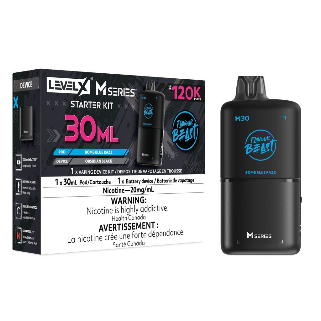 Image for *MB* Nicotine Pod Flavour Beast Level X M Series Starter Kit (Pod + Battery) 30ml 120K Bomb Blue Razz Box of 4