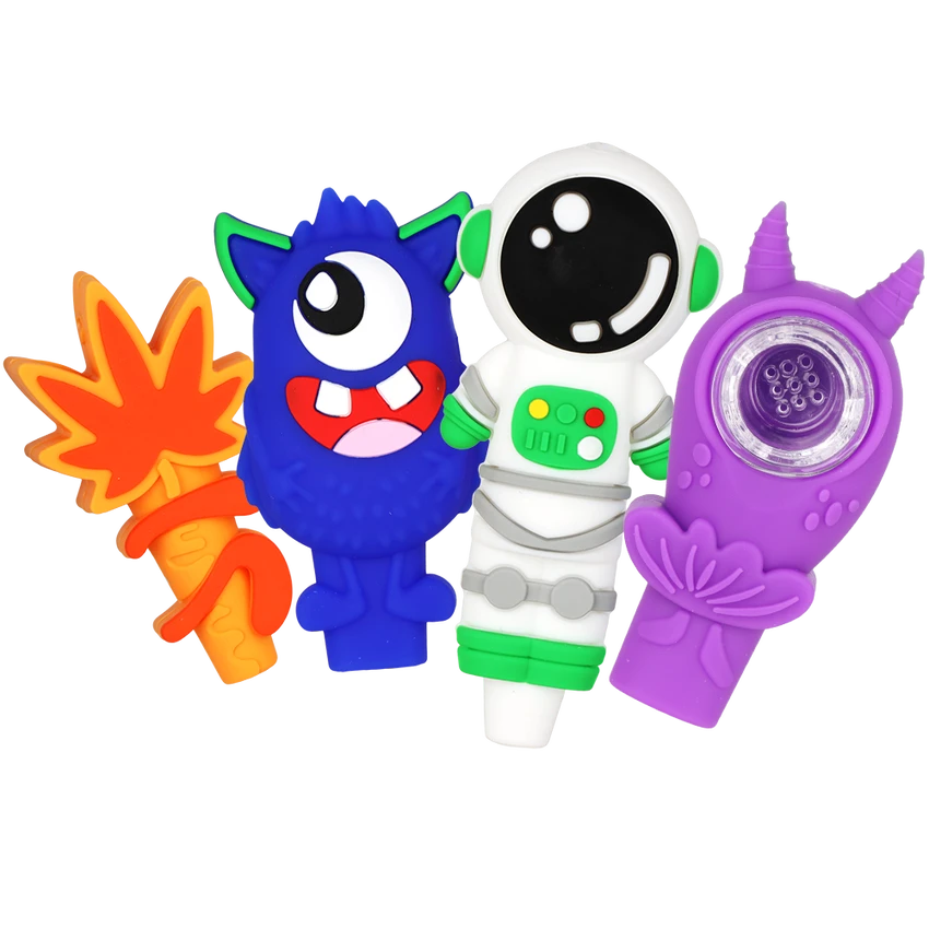 Image for Silicone Pipe Unbranded Cool Designs Assorted Colors & Characters 3"- 4.25" Box of 18