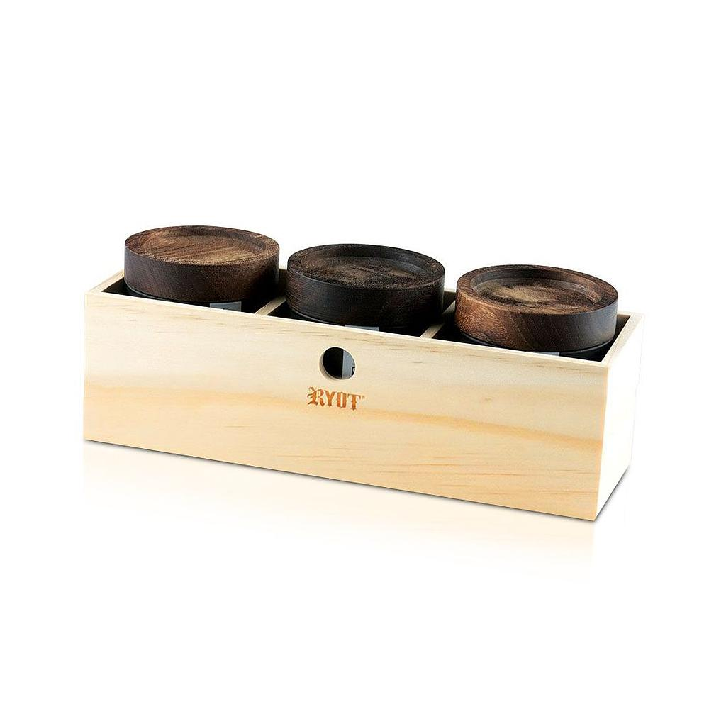 [ry220]  RYOT Jar Box with 3 Black Jars with Walnut Lid