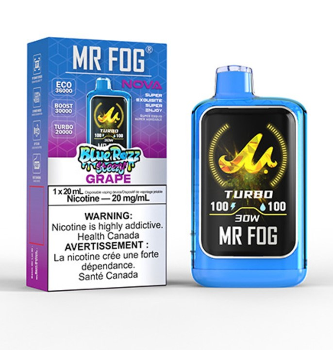 *FED* Disposable Vape Mr Fog NOVA Blue Razz Steezy Grape Box of 5