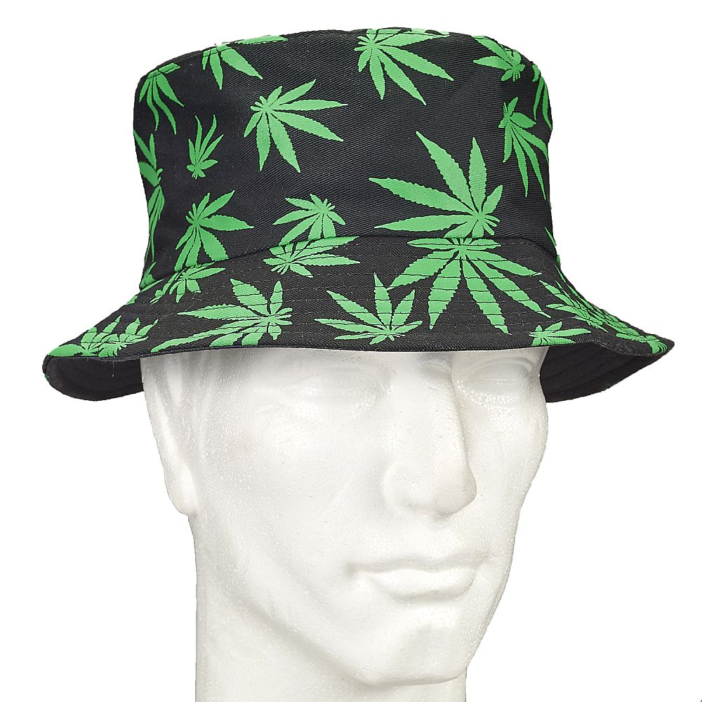 [fct050] Bucket Hat Black Hat With Green Leaves