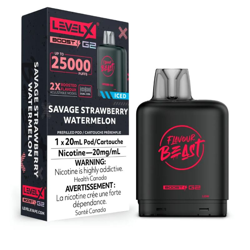 *FED* Nicotine Pod Flavour Beast Level X Boost G2 Savage Strawberry  Watermelon Box of 6