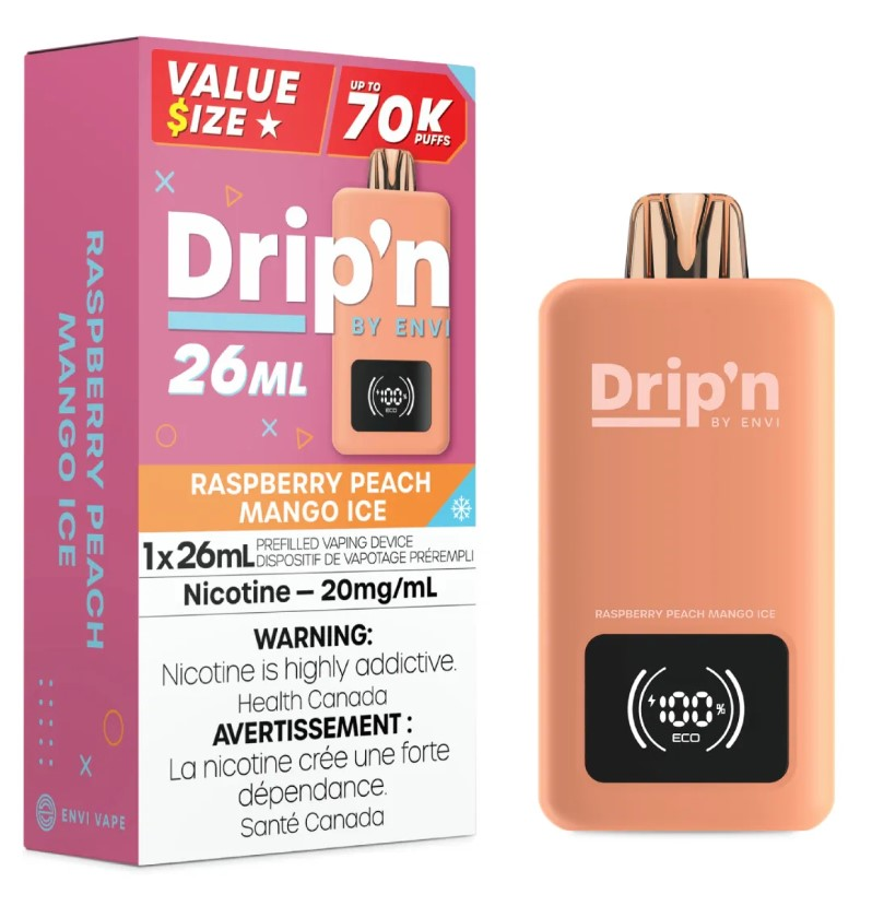 *MB* Disposable Vape Drip'n Envi 70K Raspberry Peach Mango Ice Box of 5