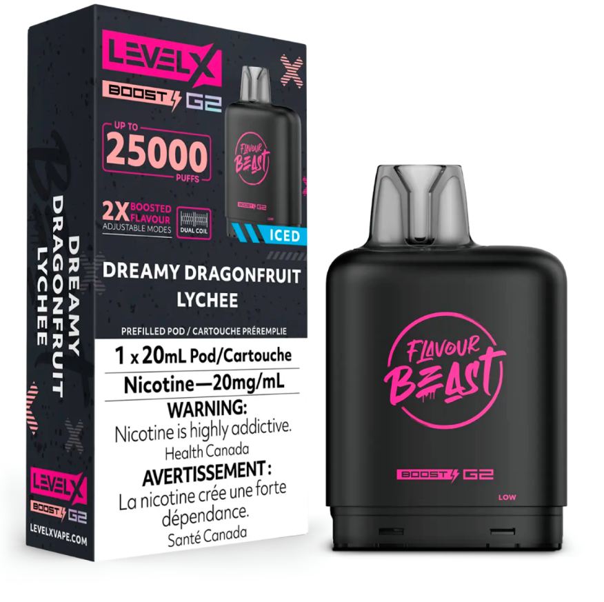 *MB* Nicotine Pod Flavour Beast Level X Boost G2 Dreamy Dragonfruit Lychee Iced Box of 6