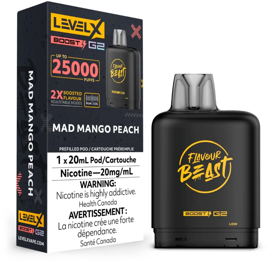 *MB* Nicotine Pod Flavour Beast Level X Boost G2 Mad Mango Peach Box of 6