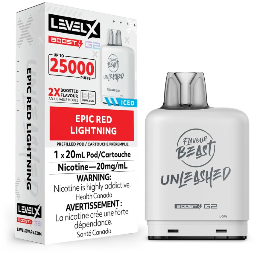 *MB* Nicotine Pod Flavour Beast Level X Unleashed Boost G2 Epic Red Lightning Box of 6