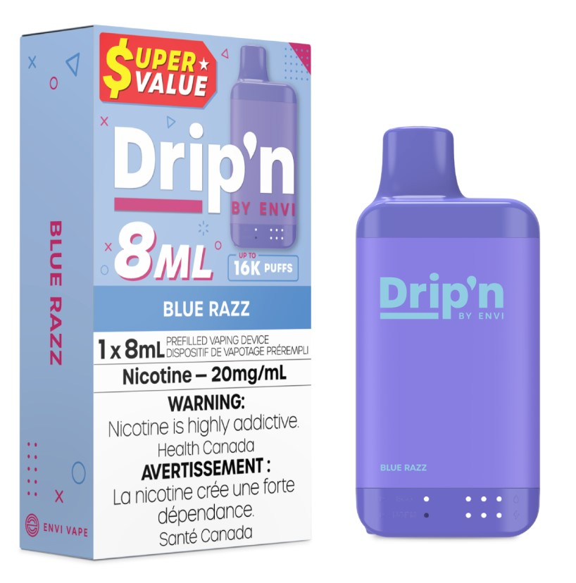 *ON* Disposable Vape Drip'n Envi 8ML Blue Razz Box of 5