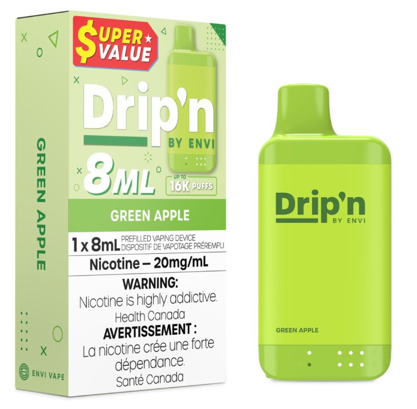 *ON* Disposable Vape Drip'n Envi 8ML Green Apple Box of 5