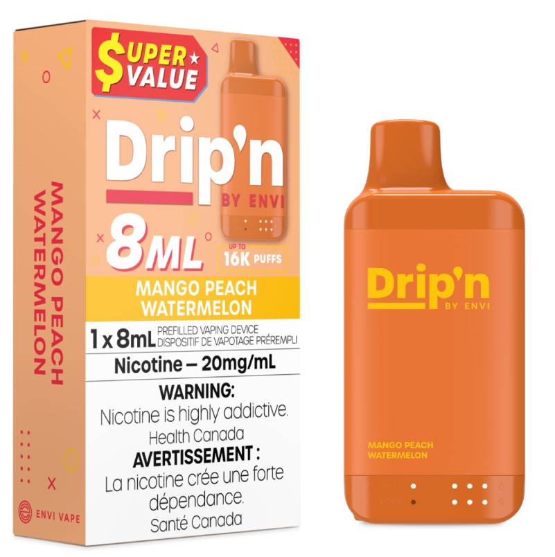 *ON* Disposable Vape Drip'n Envi 8ML Mango Peach Watermelon Box of 5