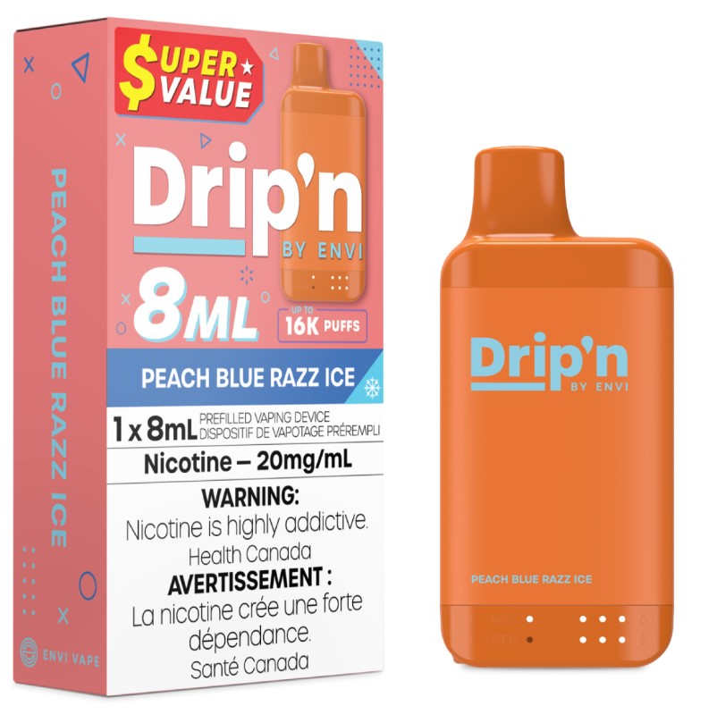 *ON* Disposable Vape Drip'n Envi 8ML Peach Blue Razz Ice Box of 5