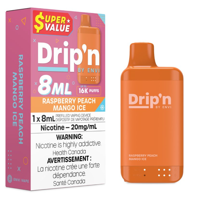 *ON* Disposable Vape Drip'n Envi 8ML Raspberry Peach Mango Ice Box of 5