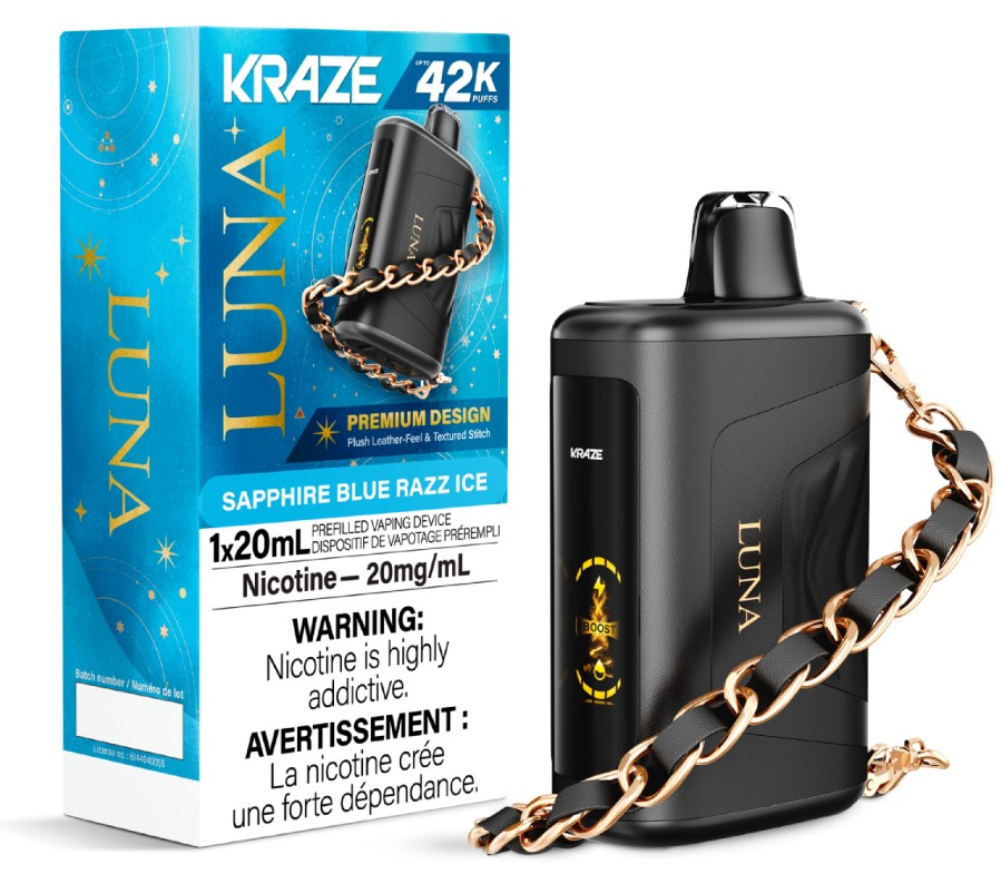 *ON* Disposable Vape Kraze Luna 42K Sapphire Blue Razz Ice Box of 5