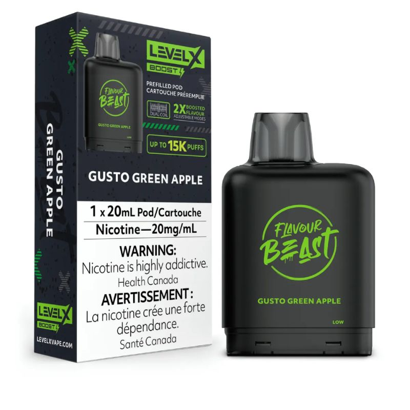 *FED* Disposable Vape Flavour Beast Level X Boost Pod Gusto Green Apple 20ml Box of 6