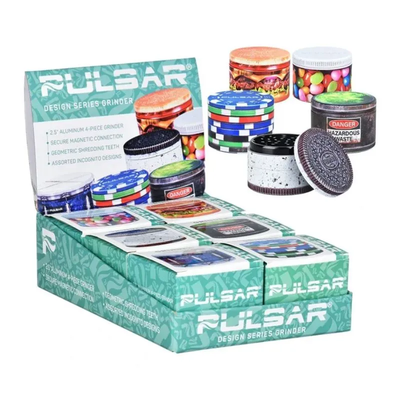 Metal Grinder Pulsar Design Series Aluminum 4pc 2.5" Assorted Designs Box of 6