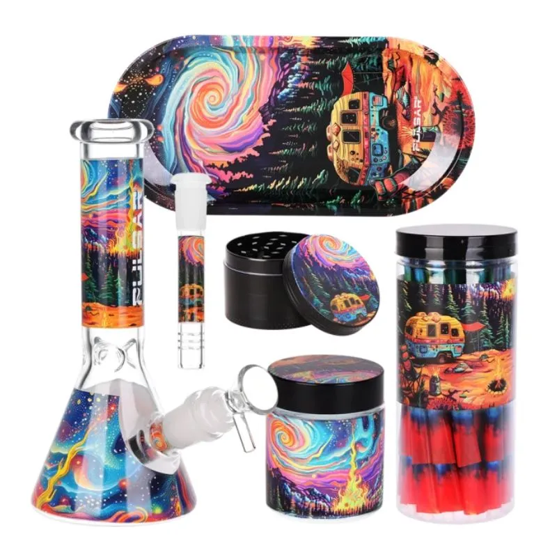 Glass Bong Pulsar Design Series Beaker Water Pipe Smokers Kit - 7.75" Starry Camp