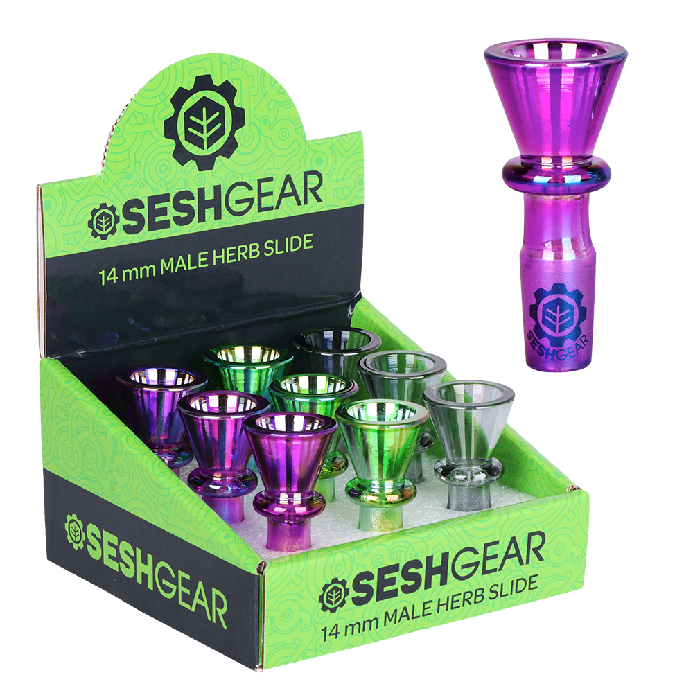 Glass Bowl SeshGear Chromatic Funnel Bowl with Maria Handle Display 14mm M Assorted Colors Box of 9