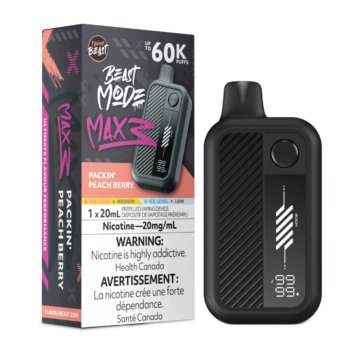 *ON* Disposable Vape Flavour Beast Mode Max 3 Packin' Peach Berry Box of 4