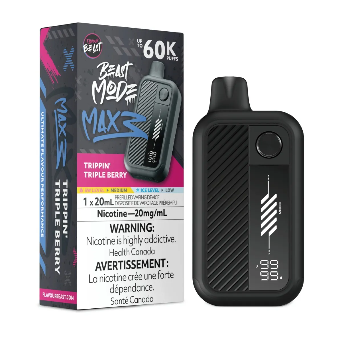 *ON* Disposable Vape Flavour Beast Mode Max 3 Trippin' Triple Berry Box of 4