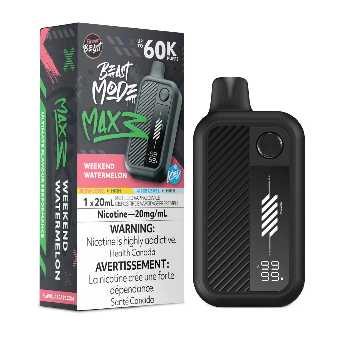 *ON* Disposable Vape Flavour Beast Mode Max 3 Weekend Watermelon Iced Box of 4