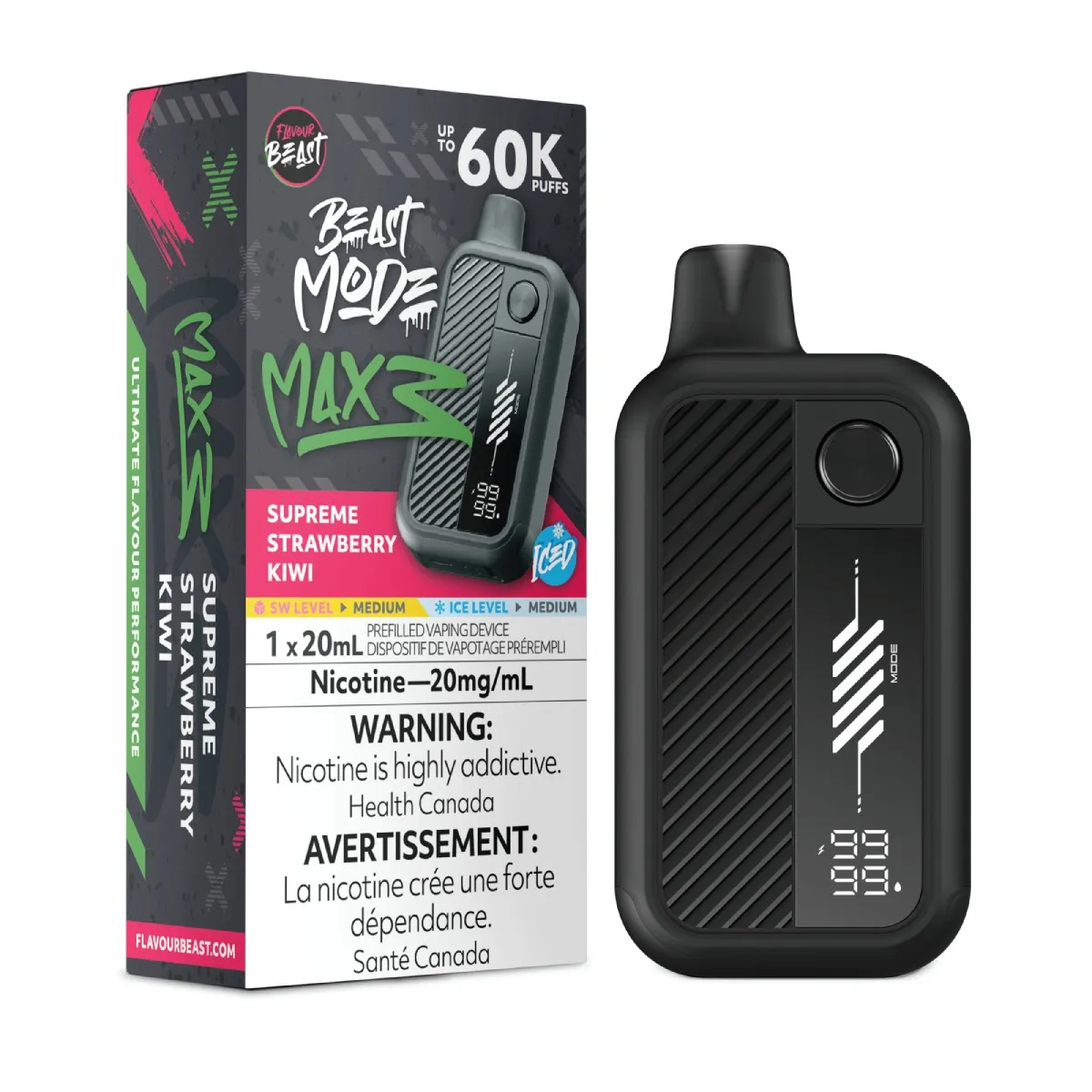 *FED* Disposable Vape Flavour Beast Mode Max 3 Supreme Strawberry Kiwi Iced Box of 4