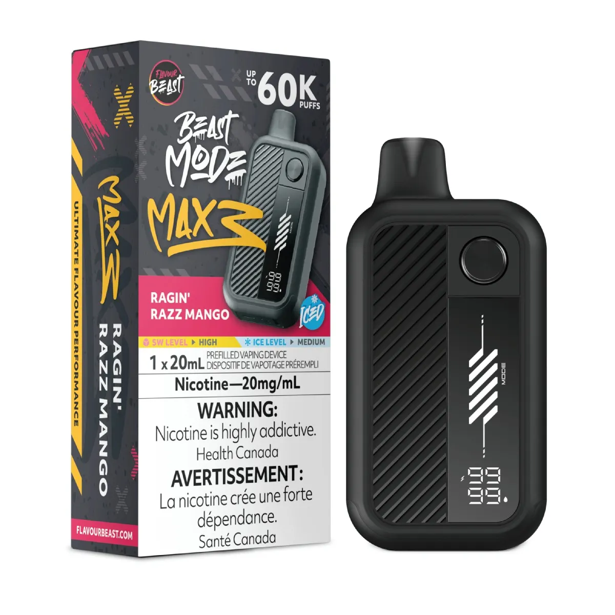 *FED* Disposable Vape Flavour Beast Mode Max 3 Ragin' Razz Mango Iced Box of 4