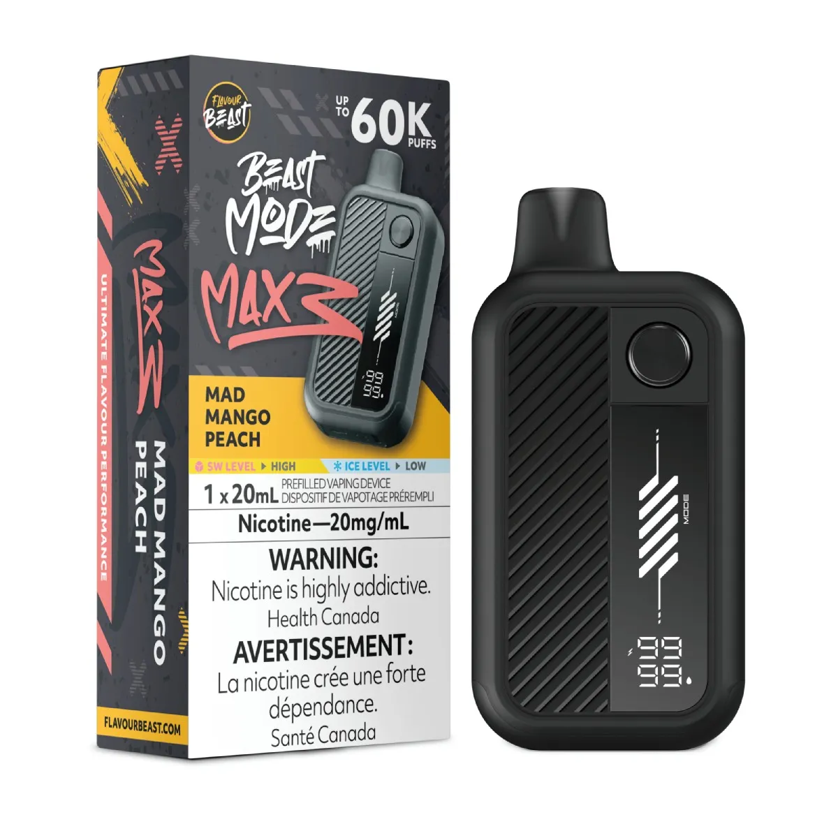 *FED* Disposable Vape Flavour Beast Mode Max 3 Mad Mango Peach Box of 4
