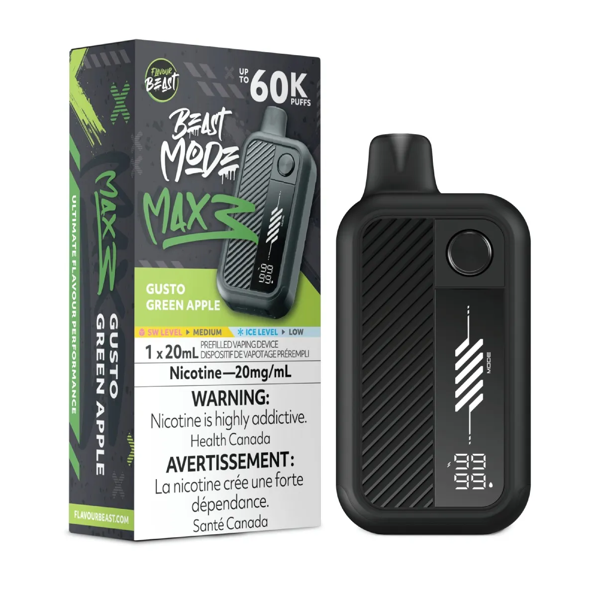 *FED* Disposable Vape Flavour Beast Mode Max 3 Gusto Green Apple Box of 4