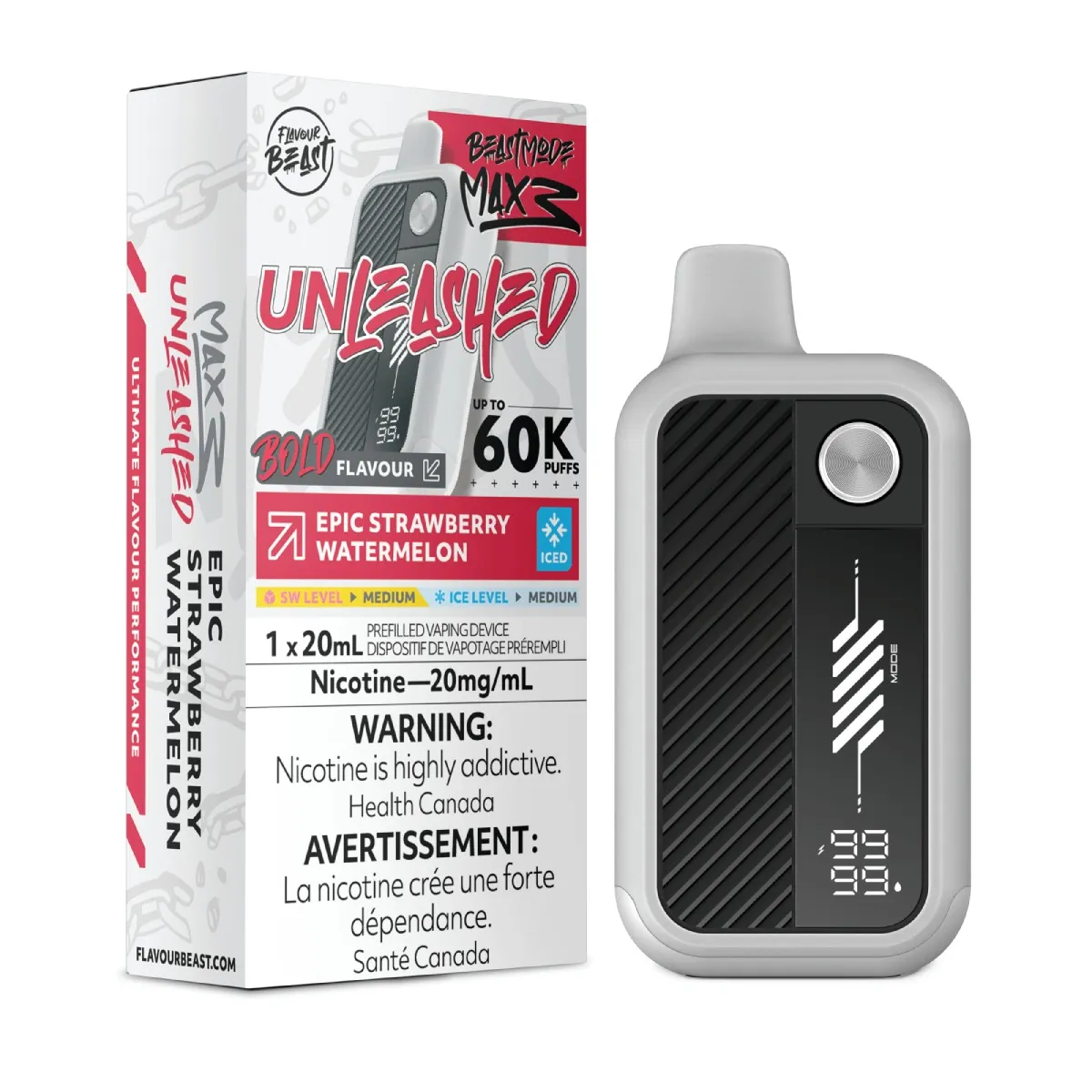*FED* Disposable Vape Flavour Beast Unleashed Mode Max 3 Epic Strawberry Watermelon Iced Box of 4
