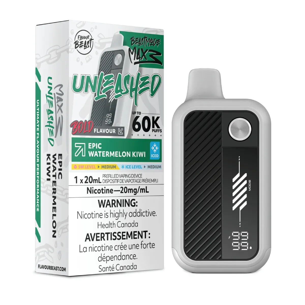 *FED* Disposable Vape Flavour Beast Unleashed Mode Max 3 Epic Watermelon Kiwi Iced Box of 4
