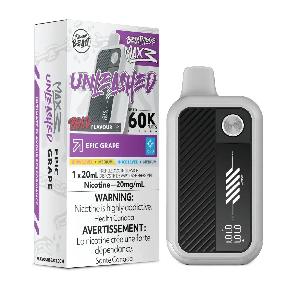 *FED* Disposable Vape Flavour Beast Unleashed Mode Max 3 Epic Grape Iced Box of 4