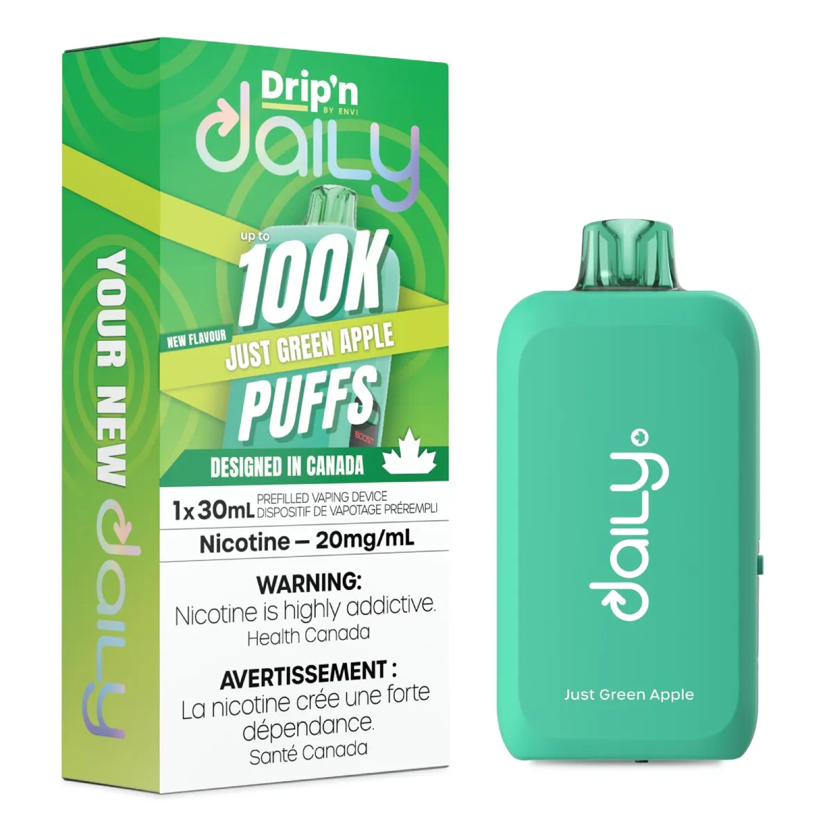 *MB* Disposable Vape Drip'n Daily 100K Just Green Apple Box of 4