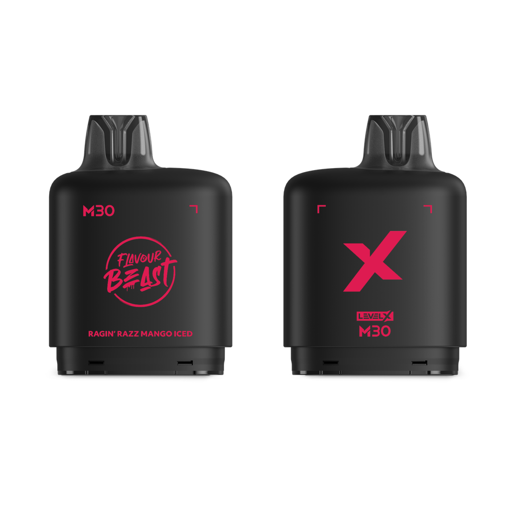 *MB* Nicotine Pod Flavour Beast Level X M Series 30ml 120K Ragin' Razz Mango Iced Box of 4