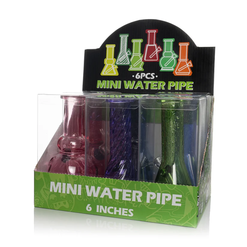 Glass Bong Unbranded Transparent Color Mini 6" Assorted Color & Shape Box of 6