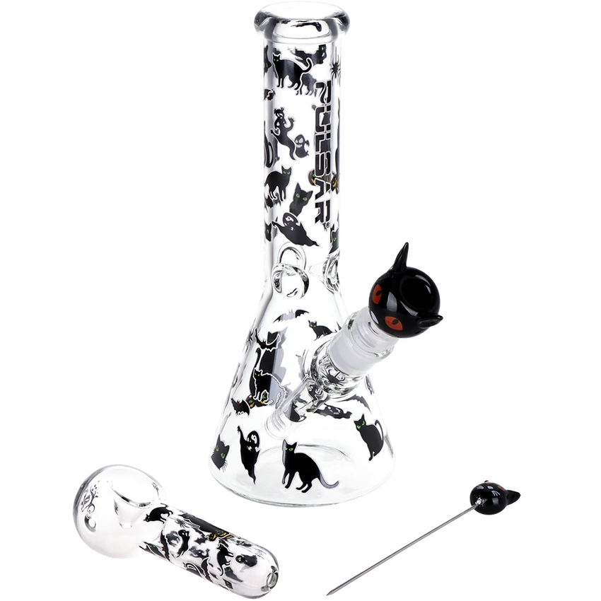Glass Bong Pulsar Superstitious Kitty Glow Smoking Kit 10"