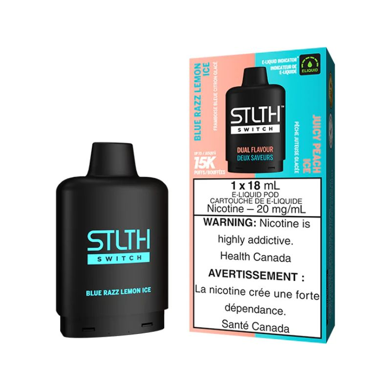 *FED* Nicotine Pod STLTH Switch Blue Razz Lemon Ice / Juicy Peach Ice Box of 5