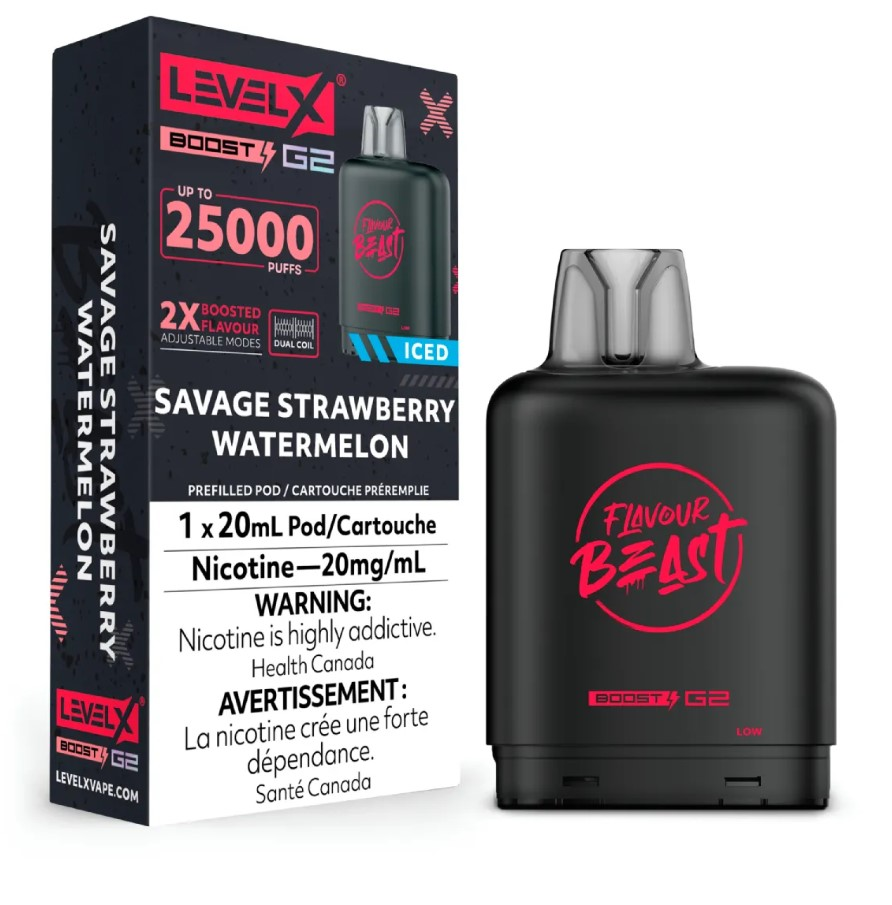 *AB* Nicotine Pod Flavour Beast Level X Boost G2 Savage Strawberry Watermelon Box of 6