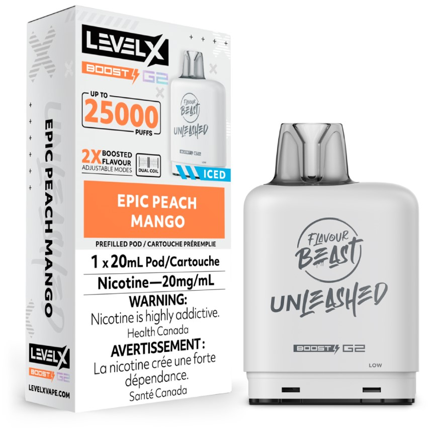 *AB* Nicotine Pod Flavour Beast Level X Unleashed Boost G2 Epic Peach Mango Box of 6